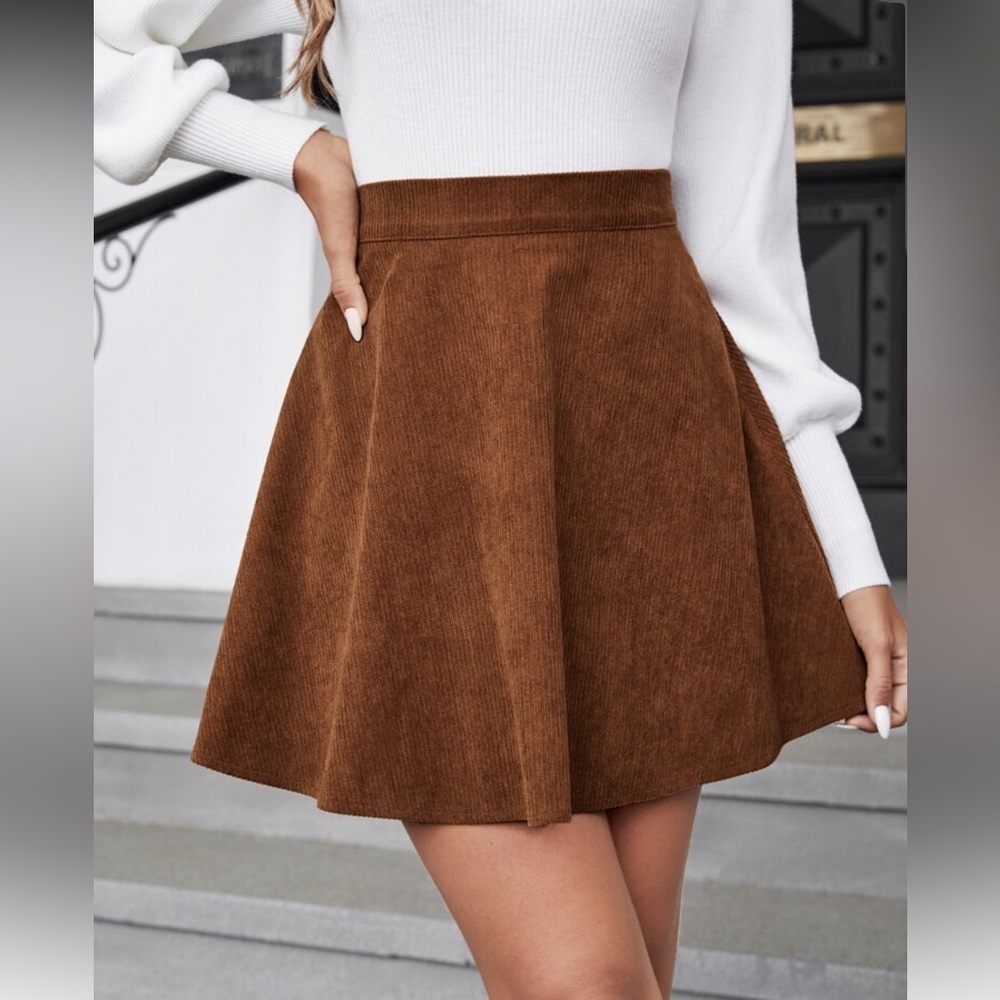 SHEIN Brown Corduroy Mini Skirt A-Line Skater High Waisted Boho Casual M